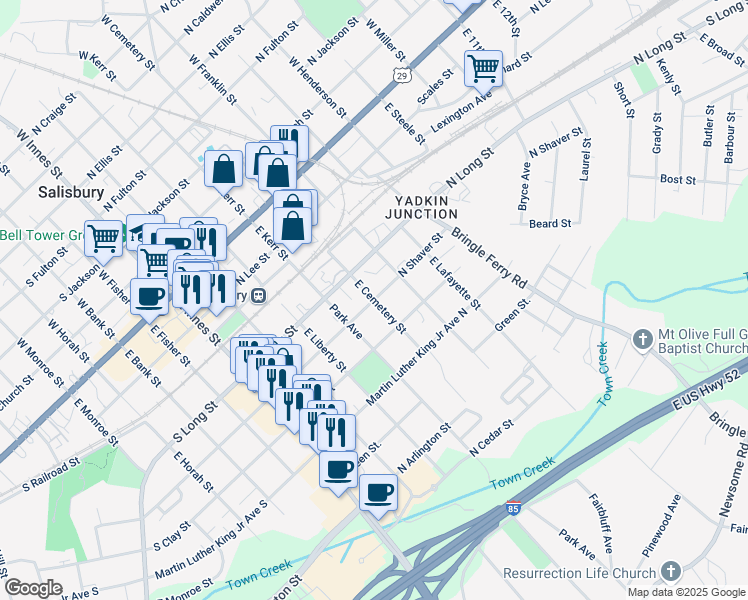 map of restaurants, bars, coffee shops, grocery stores, and more near East Cemetery Street in Salisbury