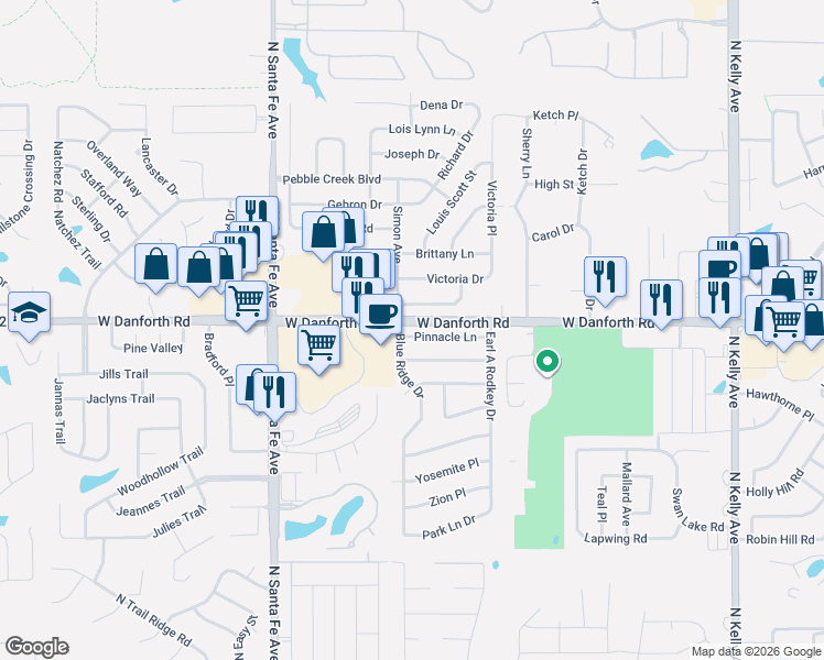 map of restaurants, bars, coffee shops, grocery stores, and more near 1821 Pinnacle Lane in Edmond