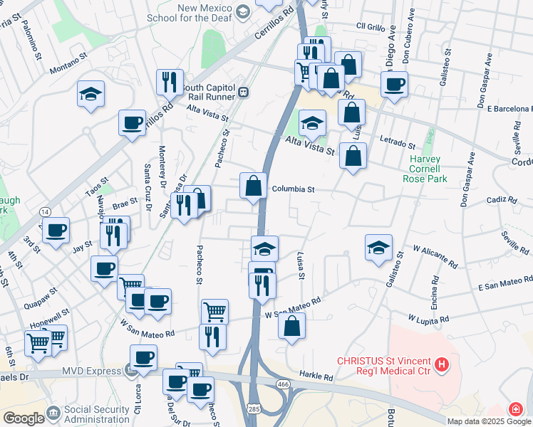 map of restaurants, bars, coffee shops, grocery stores, and more near 1315 South Saint Francis Drive in Santa Fe