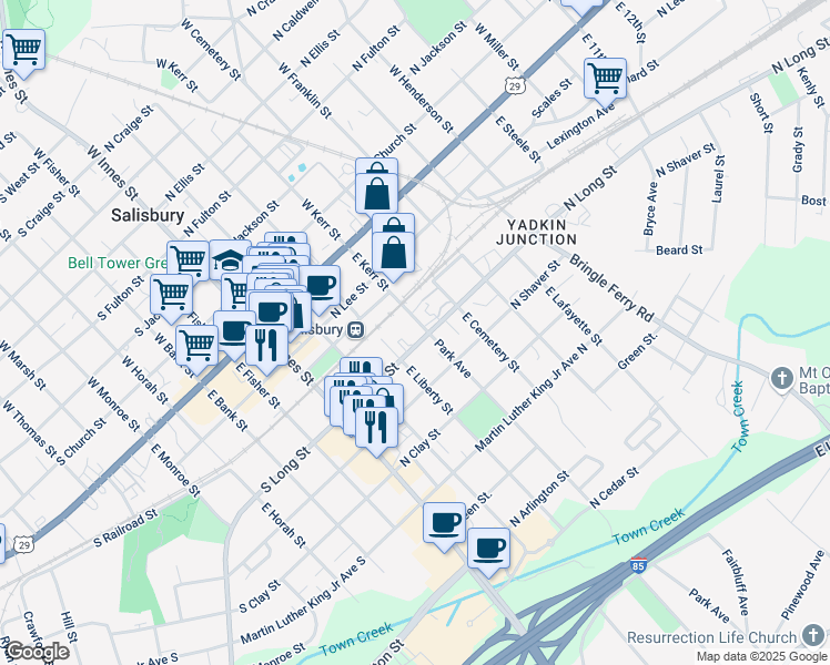 map of restaurants, bars, coffee shops, grocery stores, and more near 312 North Long Street in Salisbury