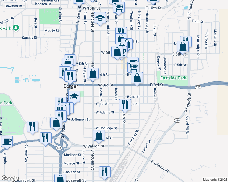 map of restaurants, bars, coffee shops, grocery stores, and more near 201 Deahl Street in Borger