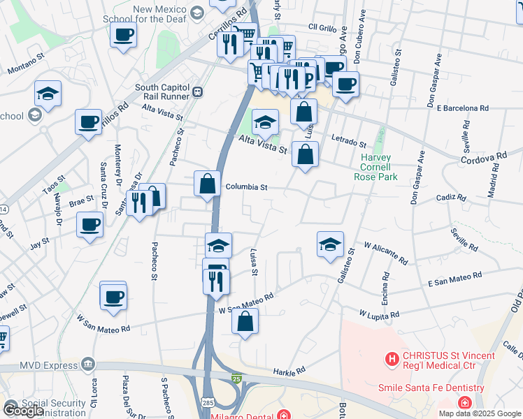 map of restaurants, bars, coffee shops, grocery stores, and more near 1512 16 Luisa Street in Santa Fe