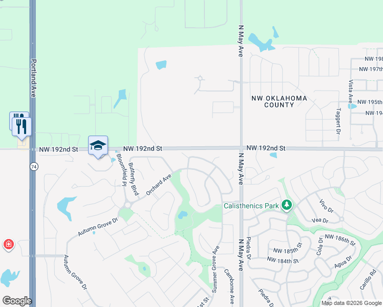 map of restaurants, bars, coffee shops, grocery stores, and more near 3041 Northwest 191st Terrace in Edmond