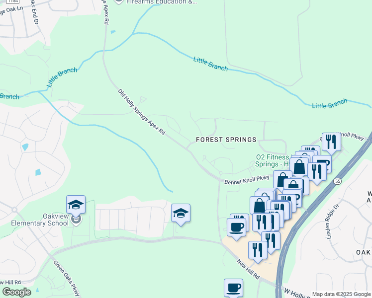map of restaurants, bars, coffee shops, grocery stores, and more near 4405 Old Holly Springs Apex Road in Apex