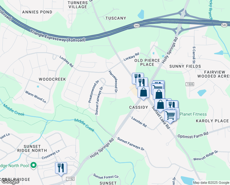 map of restaurants, bars, coffee shops, grocery stores, and more near 101 Feathercrest Lane in Apex