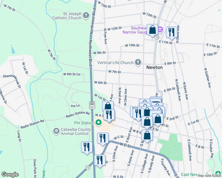 map of restaurants, bars, coffee shops, grocery stores, and more near 508 North Spring Avenue in Newton