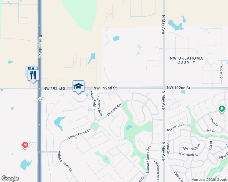 map of restaurants, bars, coffee shops, grocery stores, and more near 19220 Garden Creek Lane in Edmond