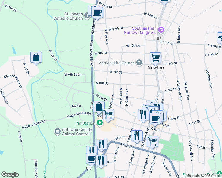 map of restaurants, bars, coffee shops, grocery stores, and more near 508 North Spring Avenue in Newton