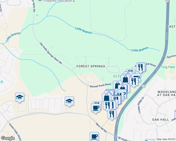 map of restaurants, bars, coffee shops, grocery stores, and more near 101 Woodlark Lane in Holly Springs