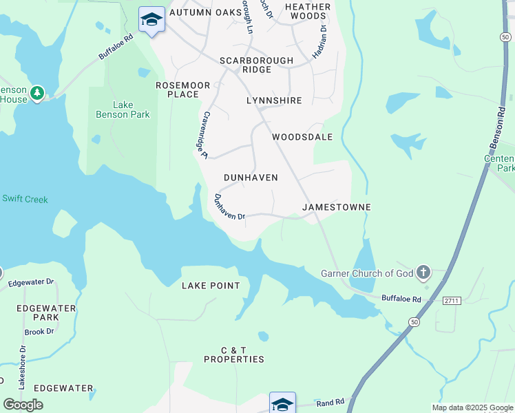 map of restaurants, bars, coffee shops, grocery stores, and more near 2803 Dunhaven Drive in Garner