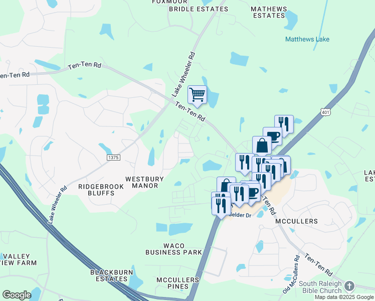 map of restaurants, bars, coffee shops, grocery stores, and more near 8020 Daddy Road in Raleigh