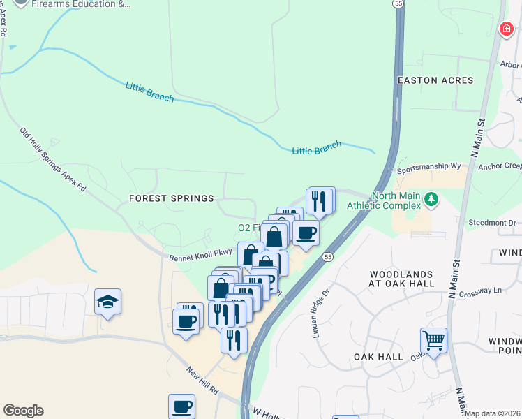 map of restaurants, bars, coffee shops, grocery stores, and more near 300 Vinewood Place in Holly Springs