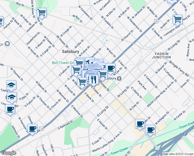map of restaurants, bars, coffee shops, grocery stores, and more near 117 U.S. 29 in Salisbury