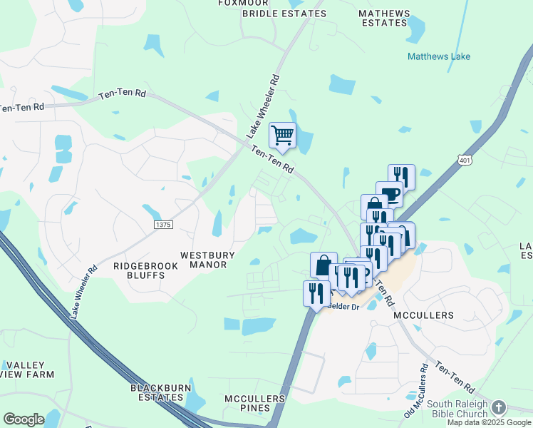map of restaurants, bars, coffee shops, grocery stores, and more near 5713 Kalamata Drive in Raleigh