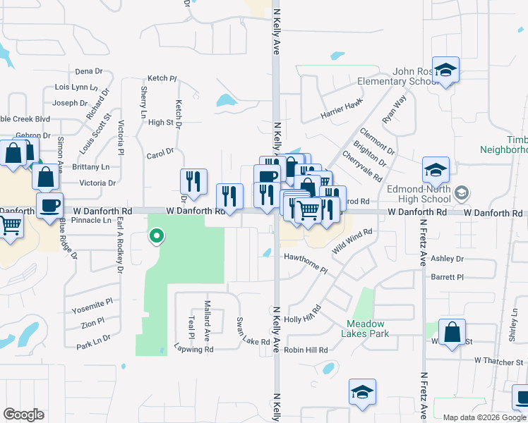 map of restaurants, bars, coffee shops, grocery stores, and more near 982 West Danforth Road in Edmond