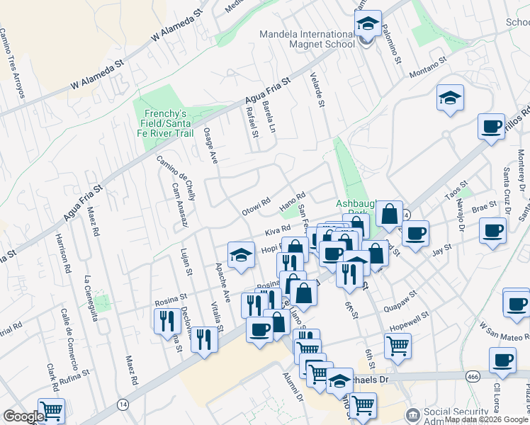 map of restaurants, bars, coffee shops, grocery stores, and more near 1958 Hano Road in Santa Fe