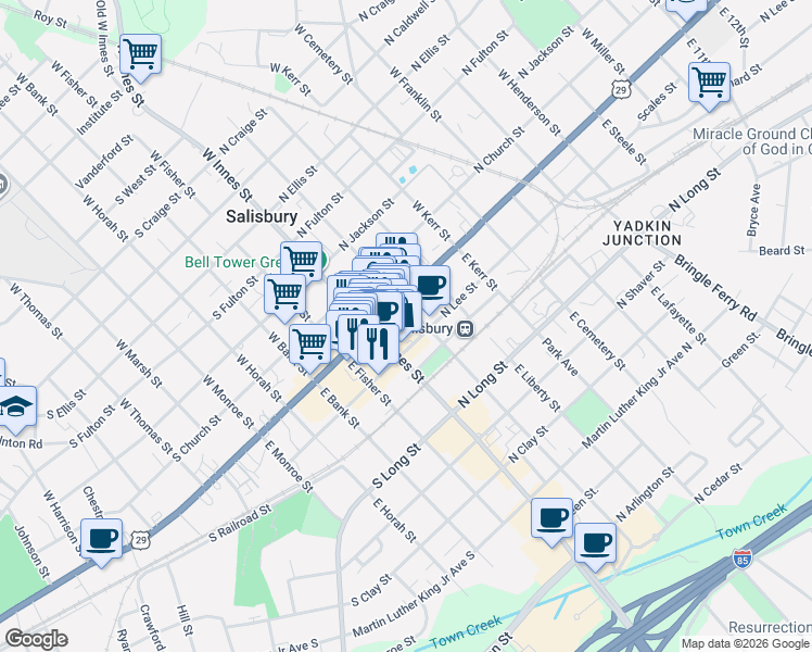 map of restaurants, bars, coffee shops, grocery stores, and more near 122 East Innes Street in Salisbury