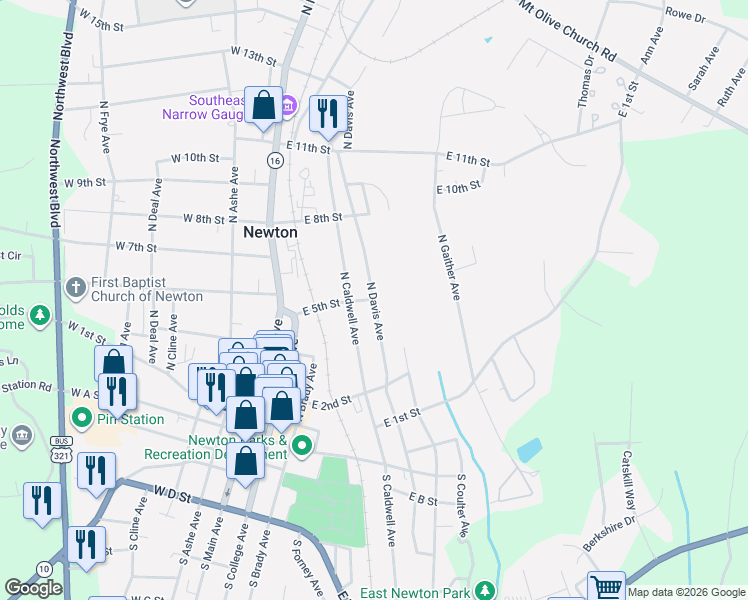 map of restaurants, bars, coffee shops, grocery stores, and more near 430 North Davis Avenue in Newton