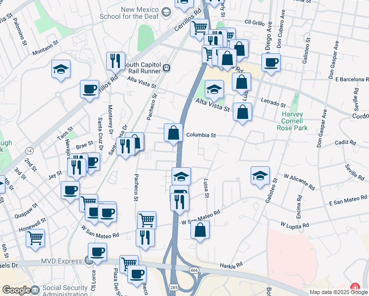 map of restaurants, bars, coffee shops, grocery stores, and more near 1315 South Saint Francis Drive in Santa Fe