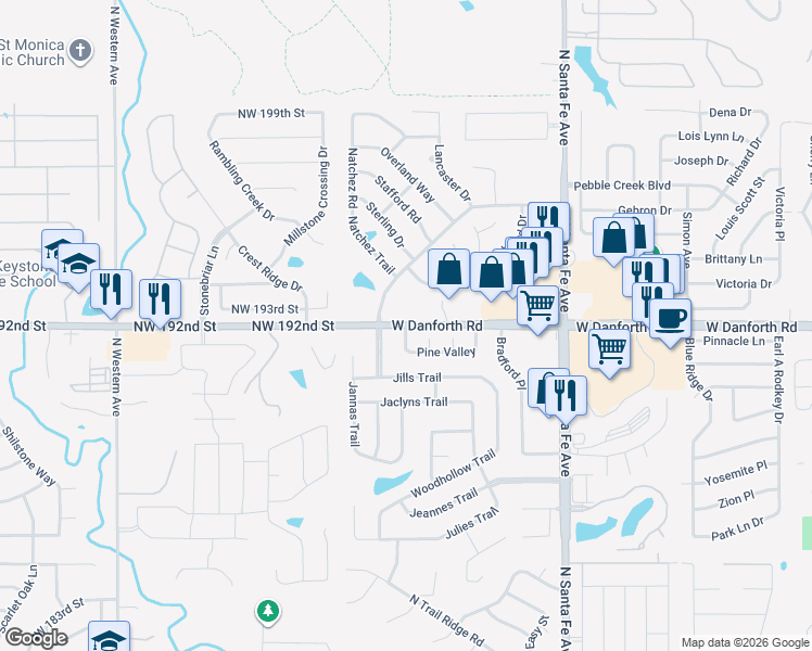 map of restaurants, bars, coffee shops, grocery stores, and more near 2934 West Danforth Road in Edmond