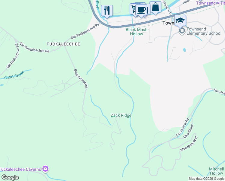 map of restaurants, bars, coffee shops, grocery stores, and more near 308 Black Mash Hollow Road in Townsend