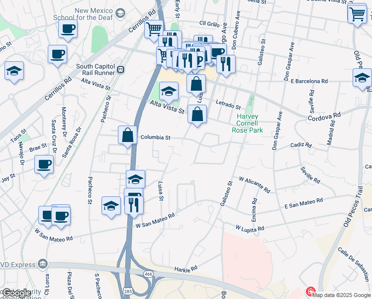 map of restaurants, bars, coffee shops, grocery stores, and more near 1448 Miracerros Loop South in Santa Fe
