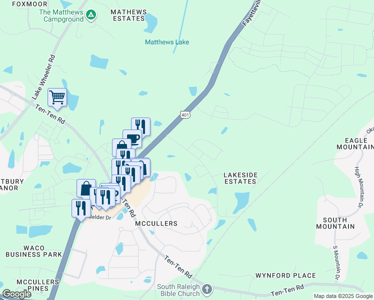 map of restaurants, bars, coffee shops, grocery stores, and more near 7720 Caddy Road in Raleigh