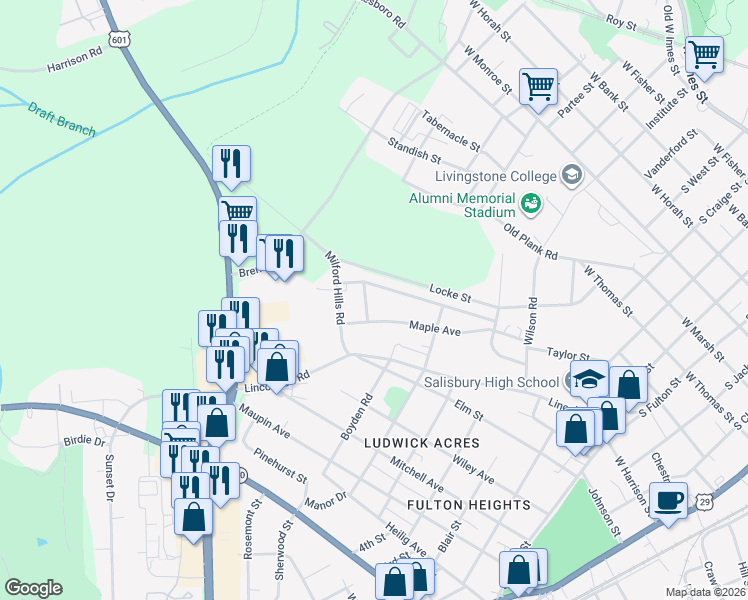 map of restaurants, bars, coffee shops, grocery stores, and more near 930 Maple Avenue in Salisbury