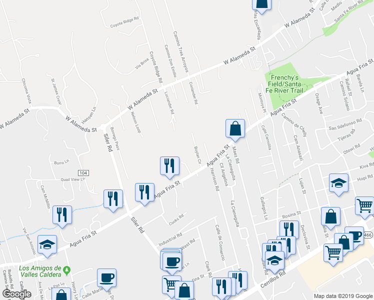 map of restaurants, bars, coffee shops, grocery stores, and more near 2743 Boylan Circle in Santa Fe