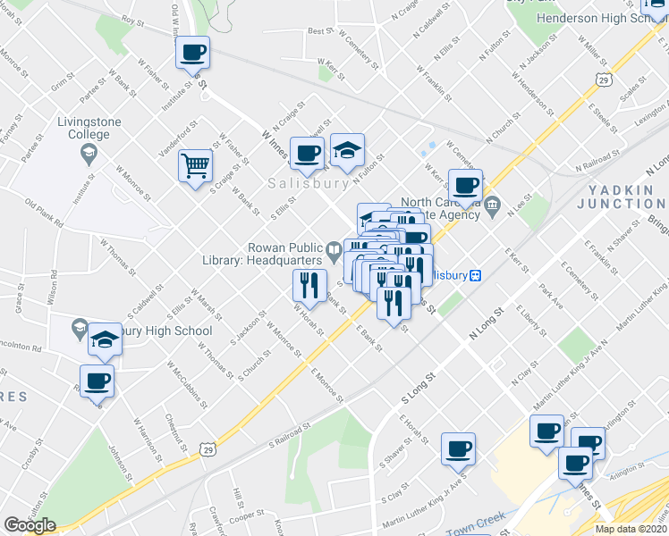 map of restaurants, bars, coffee shops, grocery stores, and more near 201 West Fisher Street in Salisbury