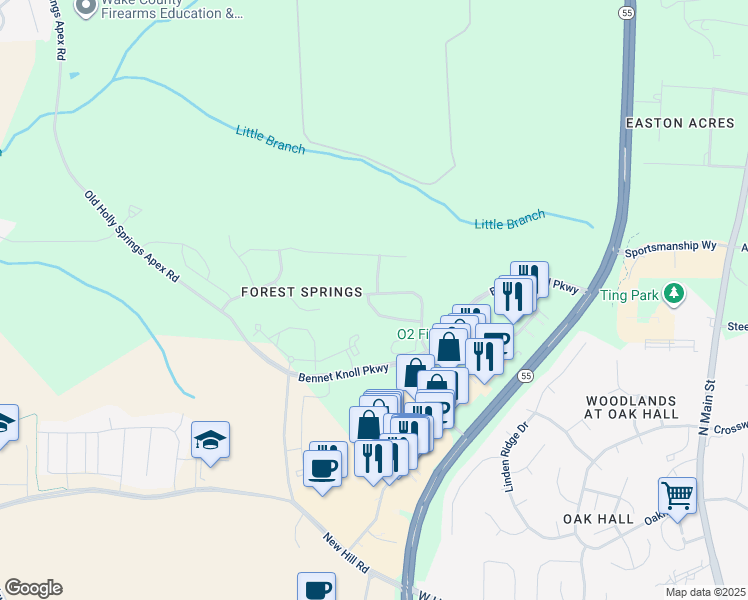 map of restaurants, bars, coffee shops, grocery stores, and more near 117 Vinewood Place in Holly Springs