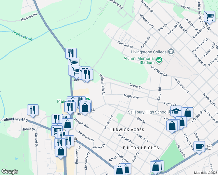 map of restaurants, bars, coffee shops, grocery stores, and more near 208 Milford Hills Road in Salisbury