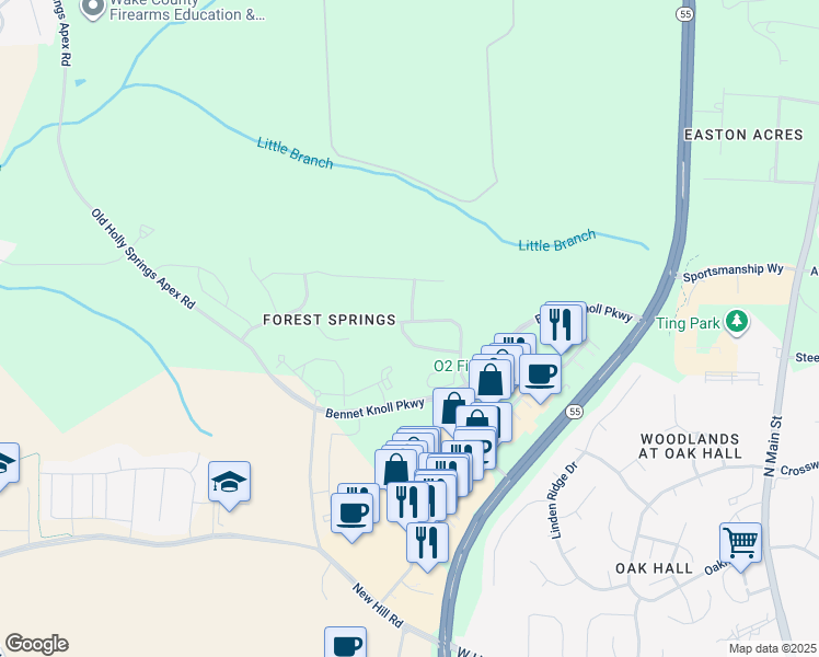 map of restaurants, bars, coffee shops, grocery stores, and more near 117 Vinewood Place in Holly Springs