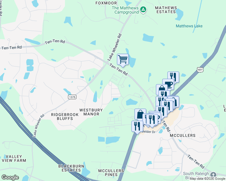 map of restaurants, bars, coffee shops, grocery stores, and more near 8020 Daddy Road in Raleigh