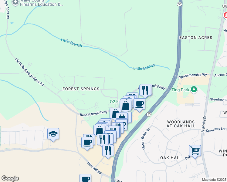 map of restaurants, bars, coffee shops, grocery stores, and more near 225 Vinewood Place in Holly Springs
