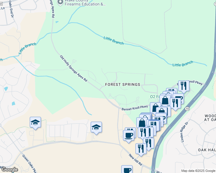 map of restaurants, bars, coffee shops, grocery stores, and more near 213 Forest Haven Drive in Holly Springs