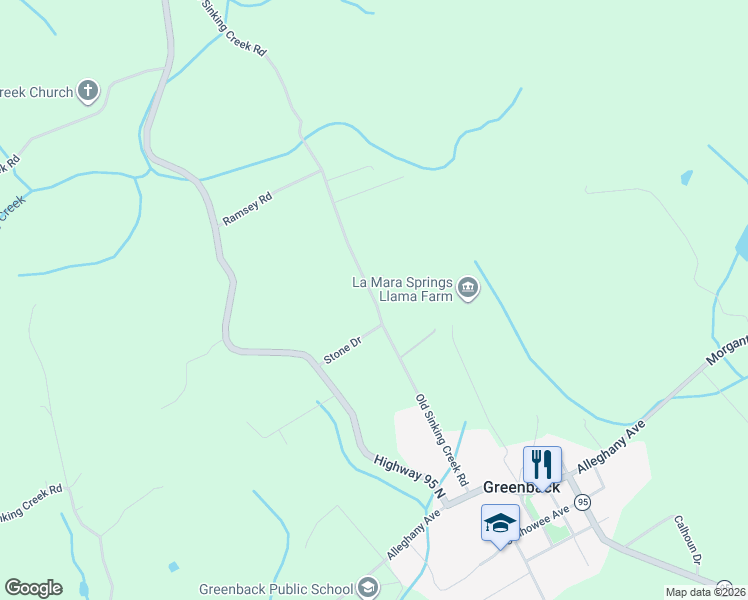 map of restaurants, bars, coffee shops, grocery stores, and more near 3350 Old Sinking Creek Road in Greenback