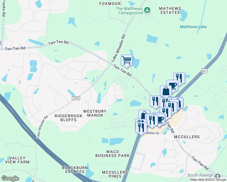 map of restaurants, bars, coffee shops, grocery stores, and more near 3836 Westbury Lake Drive in Raleigh