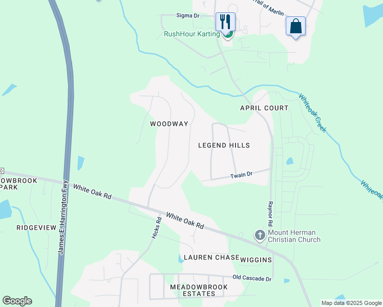 map of restaurants, bars, coffee shops, grocery stores, and more near 1221 Roffler Street in Garner