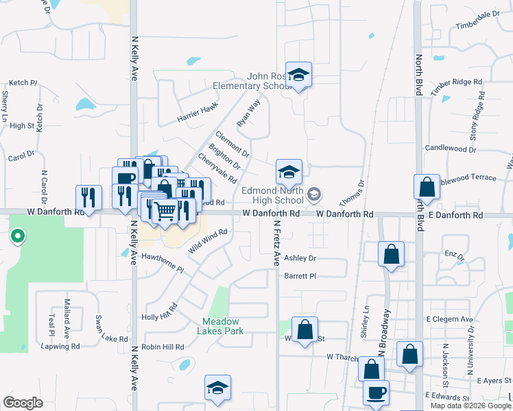 map of restaurants, bars, coffee shops, grocery stores, and more near 310 Nimrod Road in Edmond