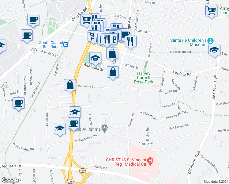 map of restaurants, bars, coffee shops, grocery stores, and more near 1457 Miracerros Loop S in Santa Fe
