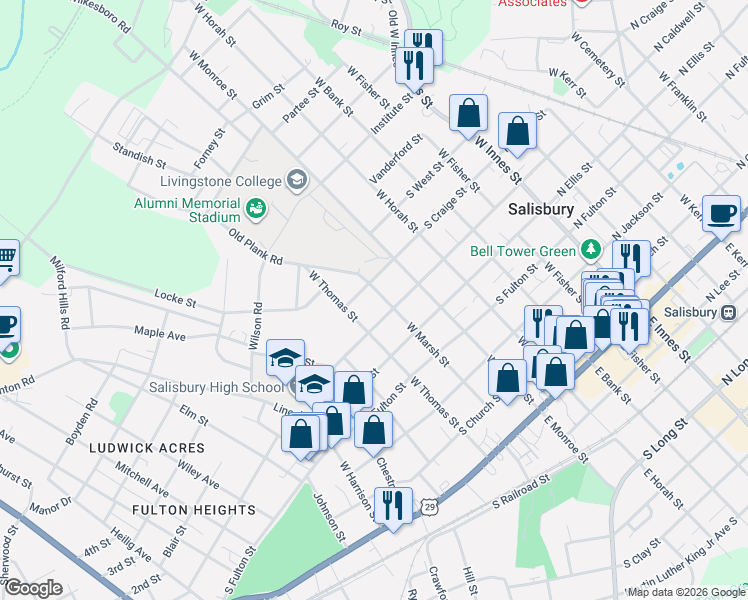 map of restaurants, bars, coffee shops, grocery stores, and more near 519 South Craige Street in Salisbury