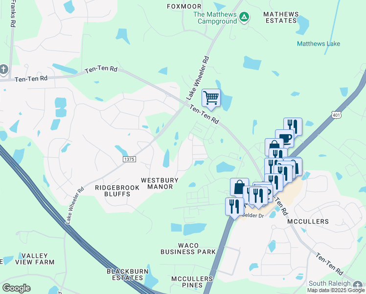 map of restaurants, bars, coffee shops, grocery stores, and more near 3836 Westbury Lake Drive in Raleigh