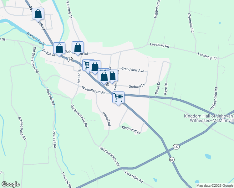 map of restaurants, bars, coffee shops, grocery stores, and more near 104 Twin Oaks Road in McMinnville