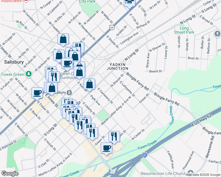 map of restaurants, bars, coffee shops, grocery stores, and more near 600 North Shaver Street in Salisbury
