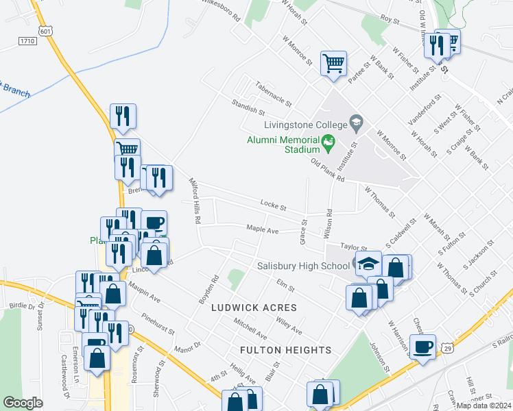 map of restaurants, bars, coffee shops, grocery stores, and more near 912 Fairmont Avenue in Salisbury