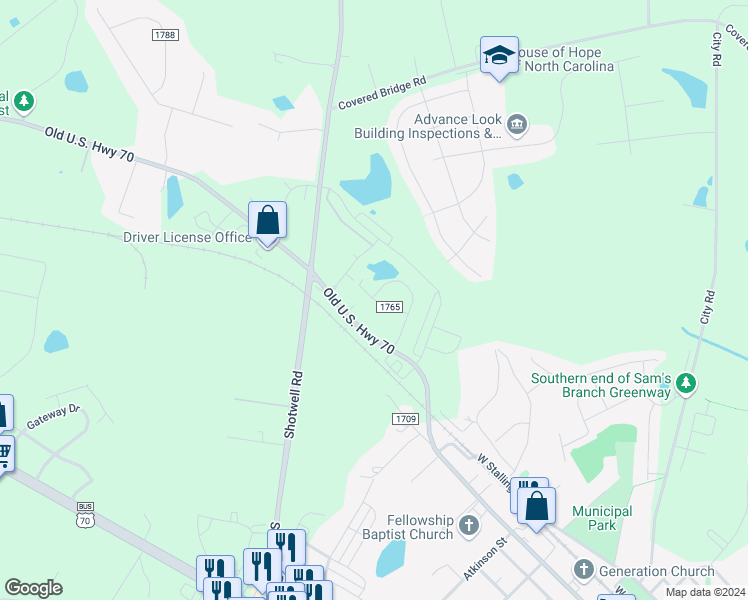 map of restaurants, bars, coffee shops, grocery stores, and more near 1414 Woodcrest Drive in Clayton
