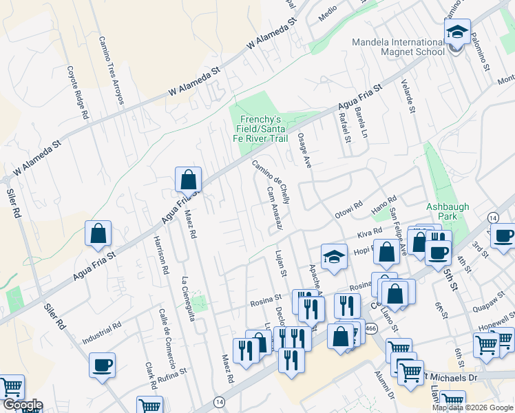 map of restaurants, bars, coffee shops, grocery stores, and more near 960 Camino Oraibi in Santa Fe