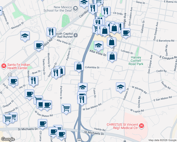 map of restaurants, bars, coffee shops, grocery stores, and more near 737 Columbia Street in Santa Fe