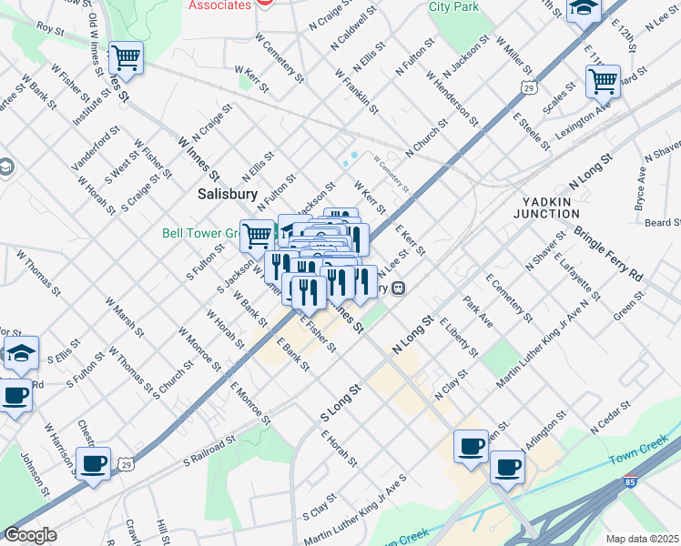 map of restaurants, bars, coffee shops, grocery stores, and more near 132 North Main Street in Salisbury